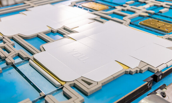Paperboard blank on cutting-die with embossing plate| Marbach Group | © Marbach Group The die-cut paperboard blank with embossing lies on a Marbach cutting-die with embossing plate. | © Marbach Group