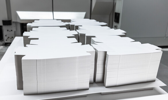 Palette mit abgestapelten Karton Zuschnitten| Marbach-Gruppe | © Marbach Group Palette mit abgestapelten Karton Nutzen nach dem Stanzen | © Marbach Group